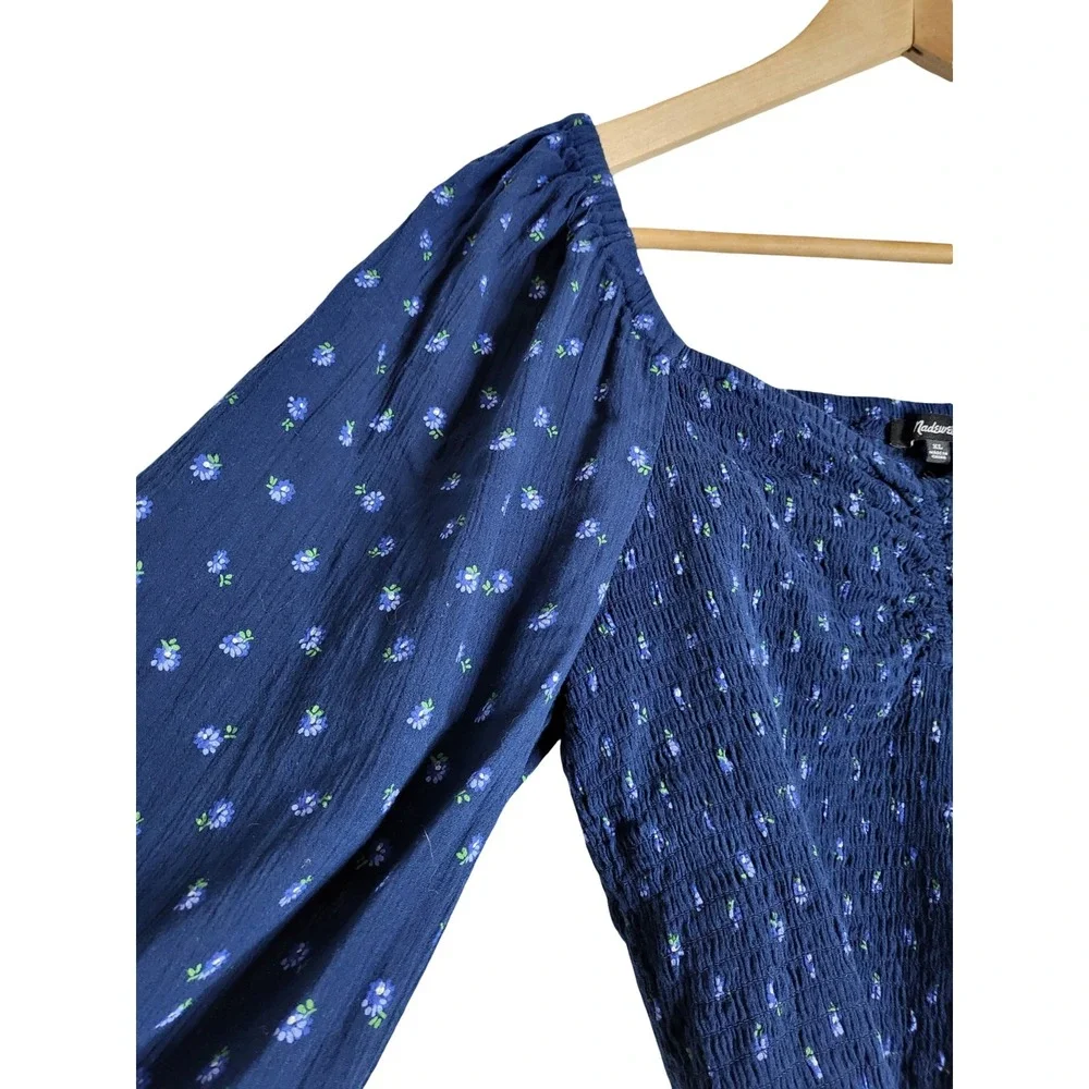 Madewell Smocked Long Sleeve Top Navy Floral Square Neck Blouse XL Cottage core